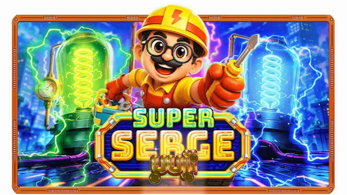 Isang makulay na grid ng Super Serge slot na may mga neon na simbolo at electric tools.
