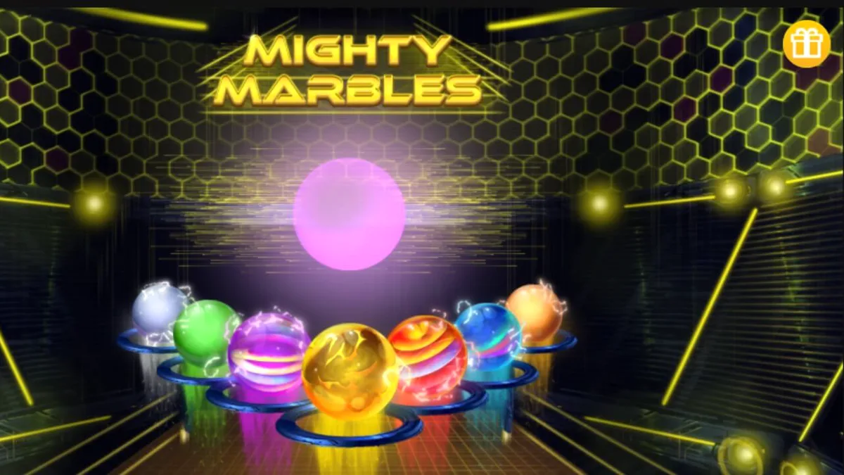 Isang makulay na 7x7 grid ng Mighty Marbles slot na may mga neon marbles sa isang cosmic space background.
