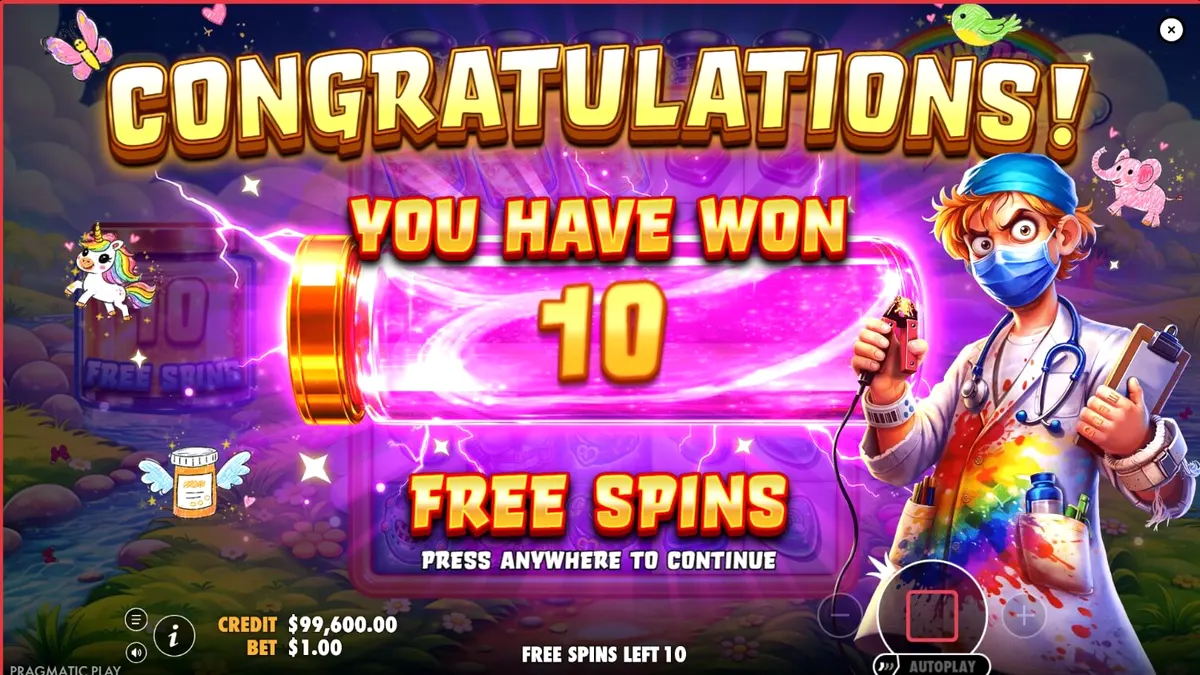 Isang neon-themed na slot machine na Sunnydaze Asylum na may mga simbolo ng straitjacket at CCTV camera.
